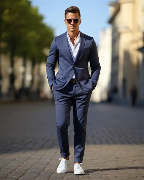 navy suit with white sneakers.